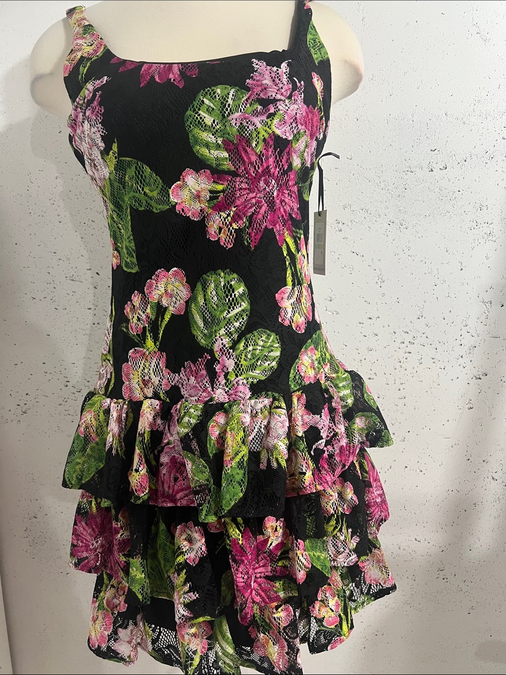 Kensie Black Lace Dress with Pink Floral & Green Leaf Print